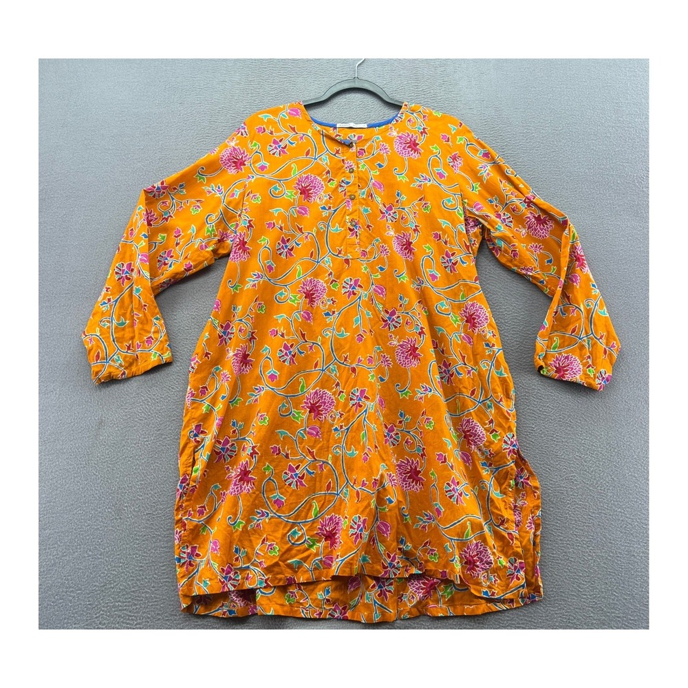 Generation Basic Orange Floral Long Sleeve Tunic Top Henley Pockets Sz 16